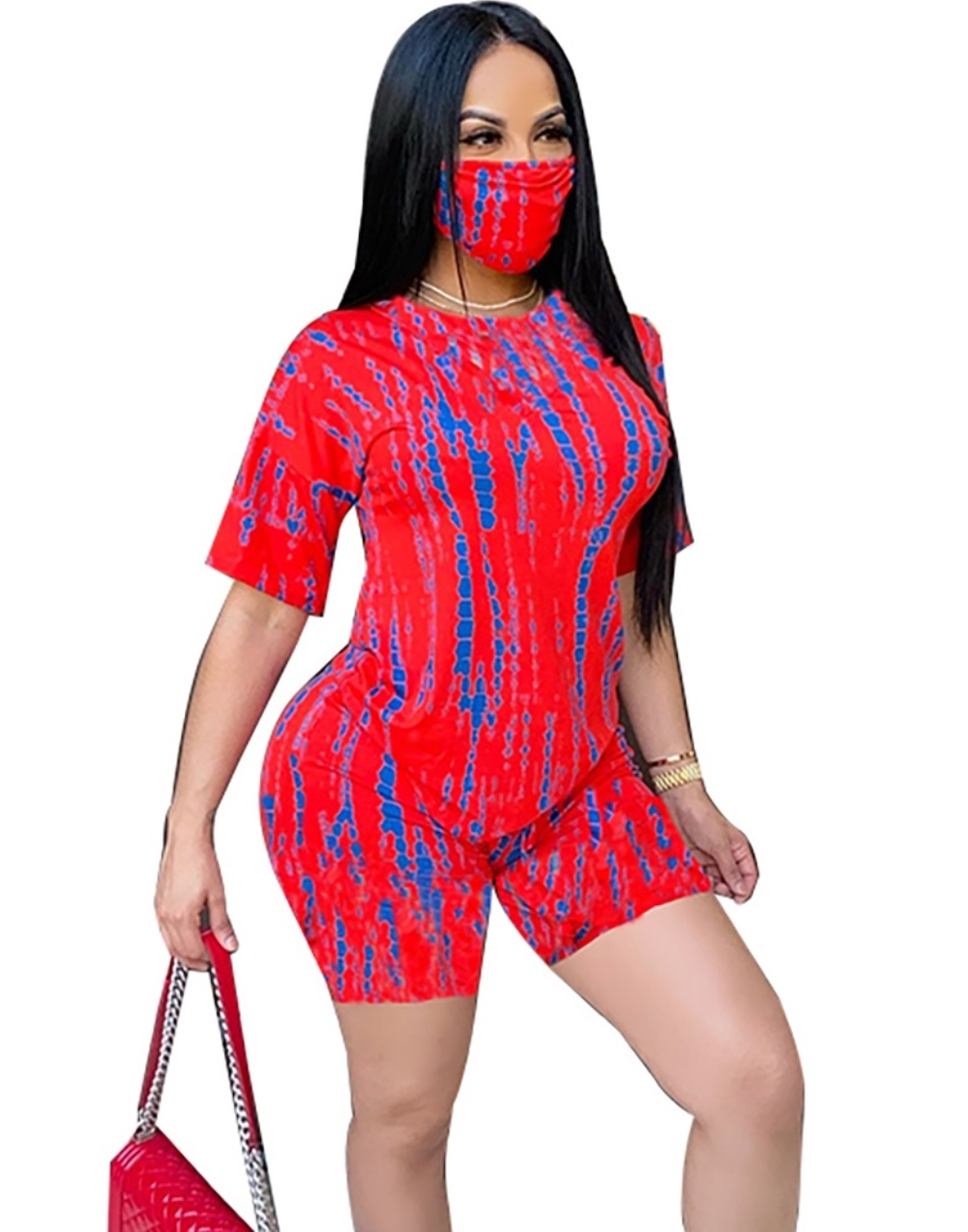 Summer Two Piece Tie Dye Shorts Set with Face Cover