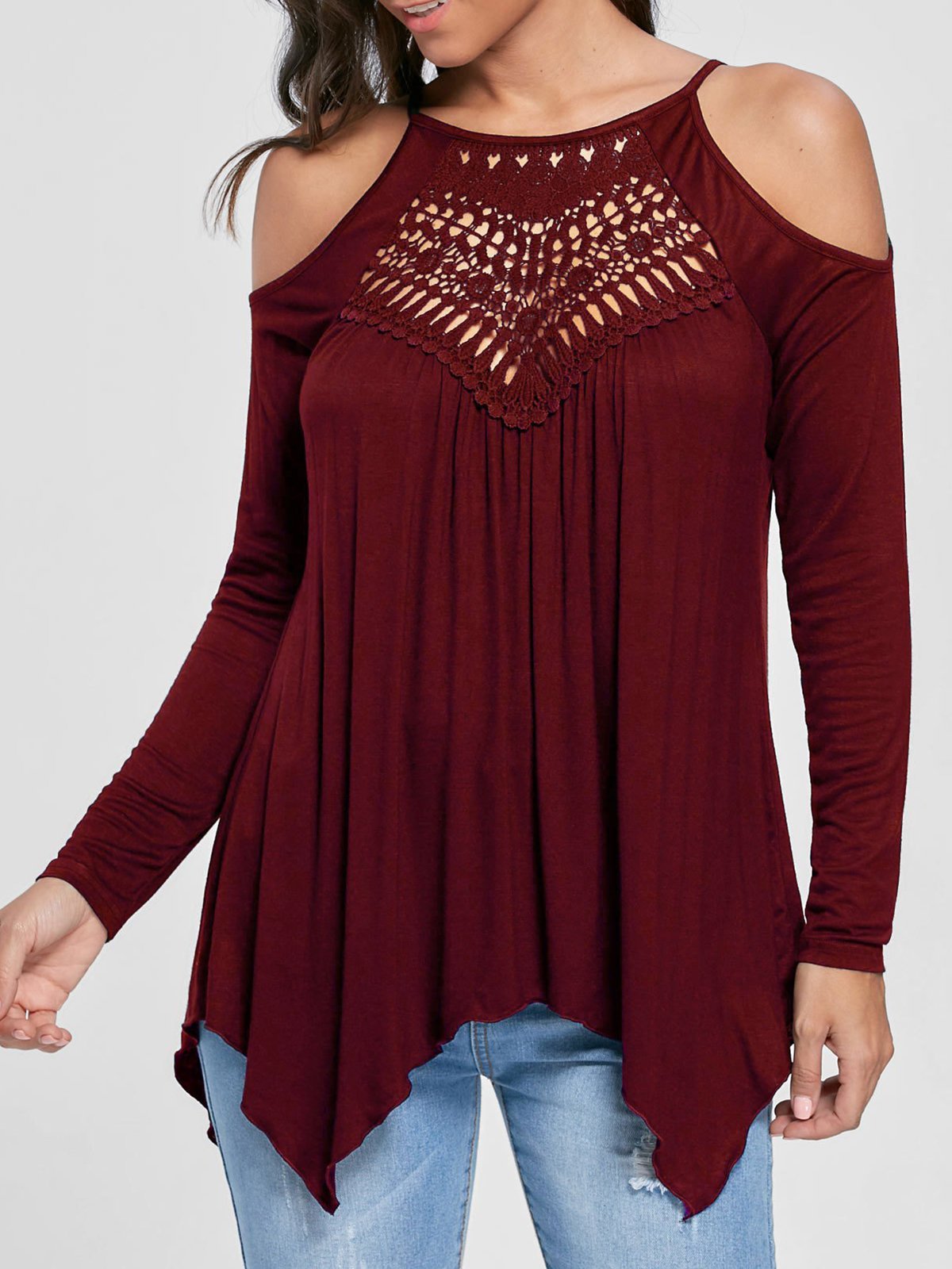 Sexy Off Shoulder Long Sleeve Cut-out Plain T-Shirt