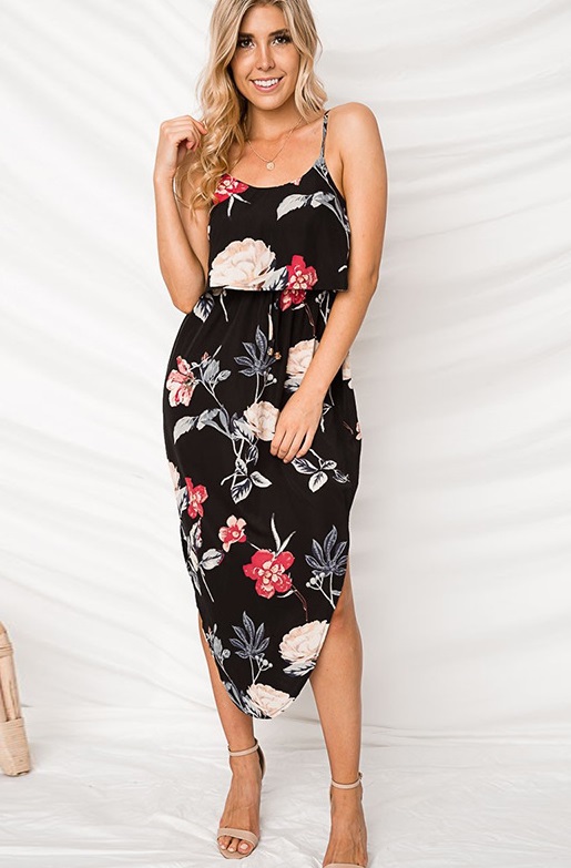 Floral Straps Irregular Long Dress