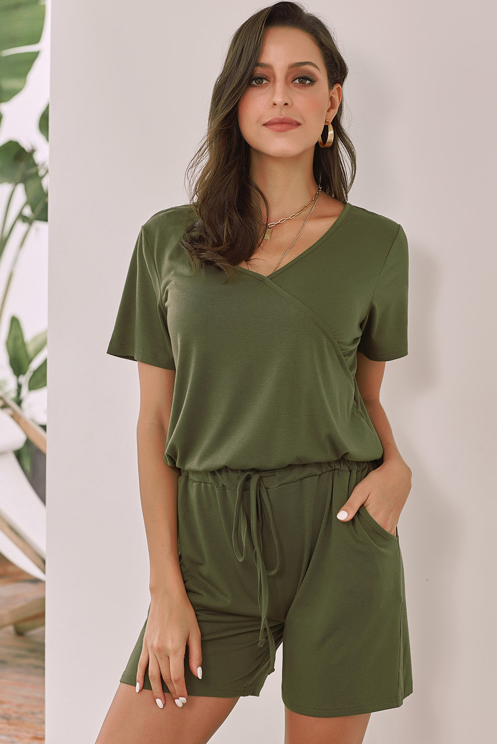 Green Casual Loose Short Sleeve Romper with Pockets