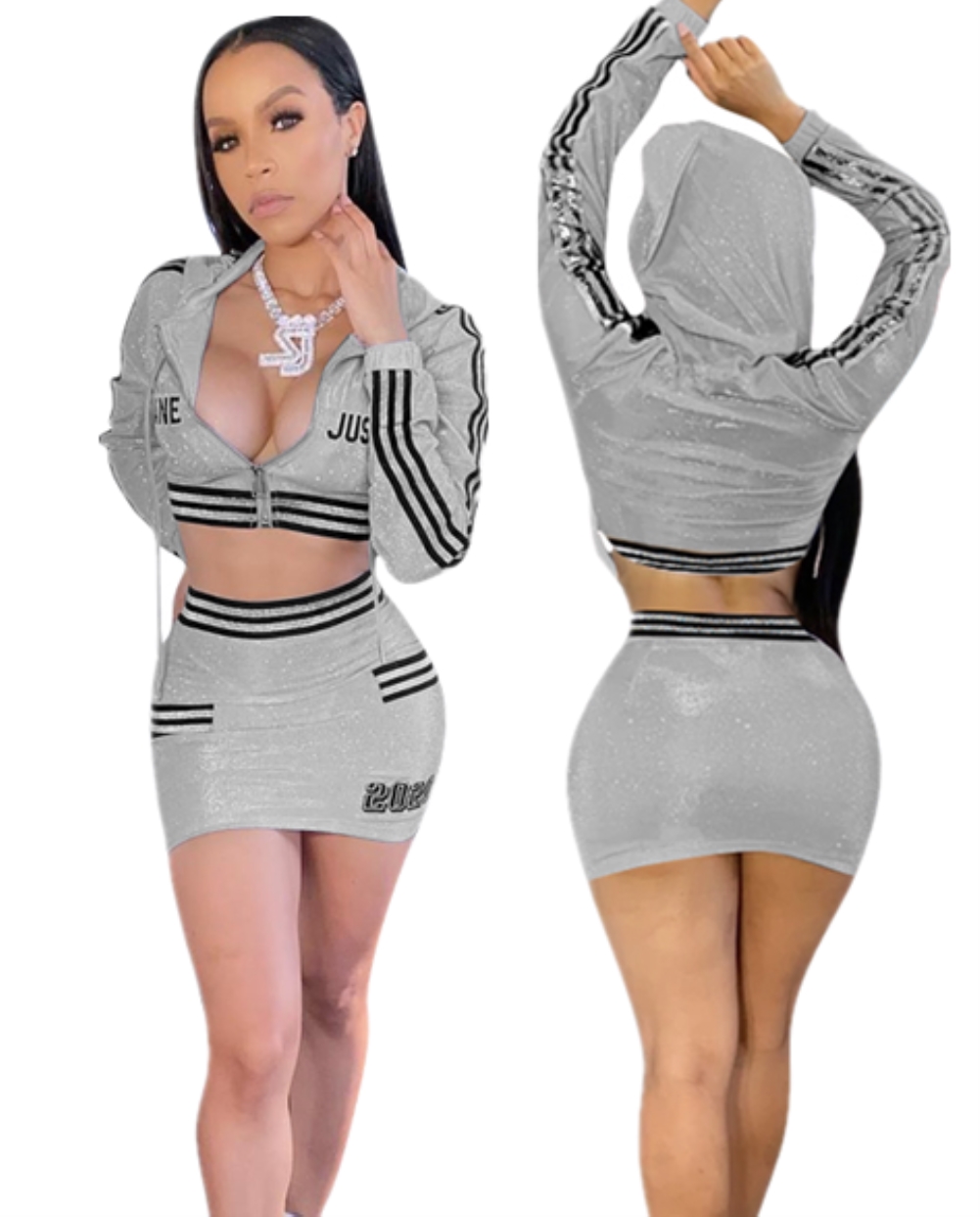 Fall Grey Metallic Short Jacket and Mini Skirt Set