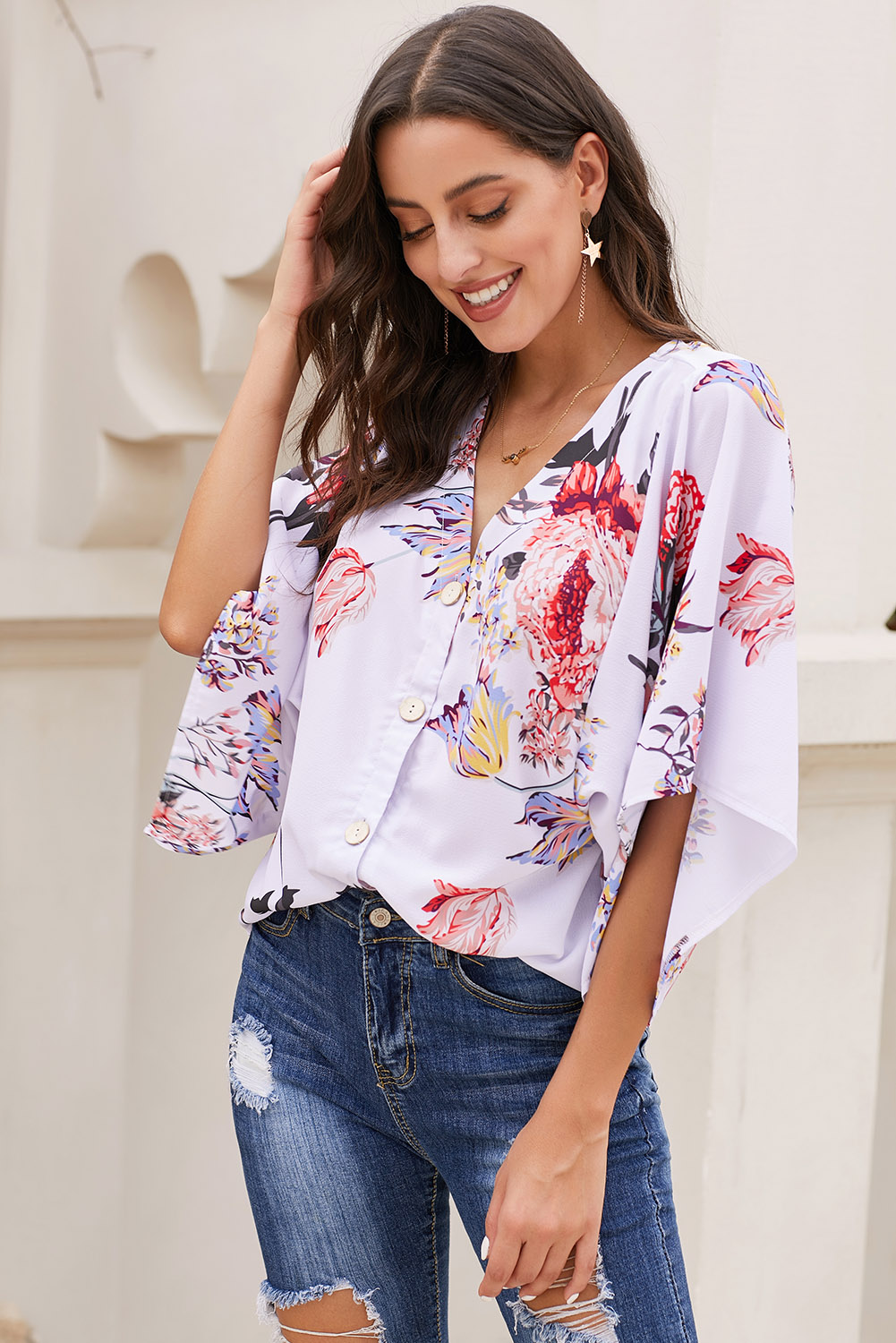 White V Neck Floral Kimono Top