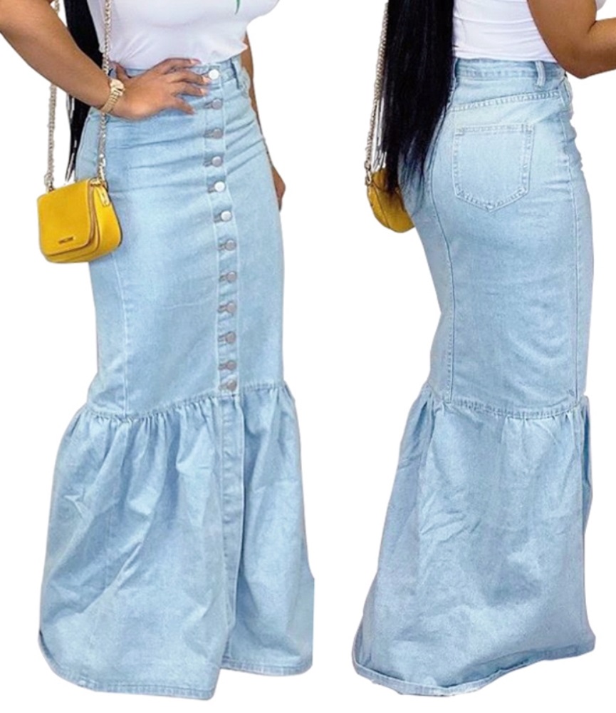 Light Blue High Waist Long Denim Skirt