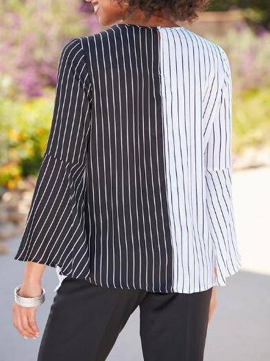 White-Black Casual Striped Cotton-Blend Shirts & Tops