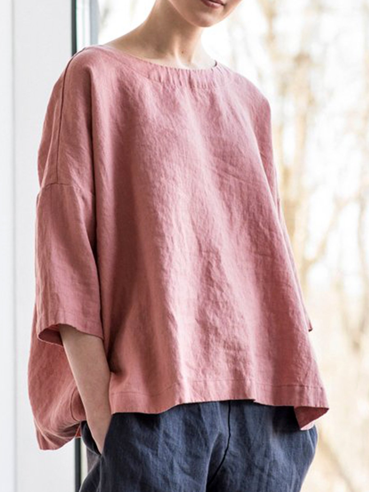 Solid Round Neck Casual Blouse Shirt