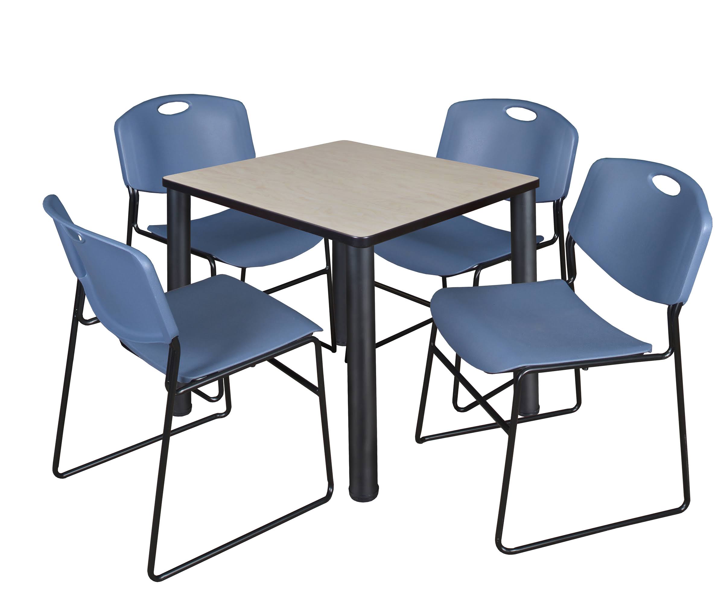Regency Kee 30x22 Square Breakroom Table- Mocha Walnut/ Black 4 Zeng Stack Chairs- Blue