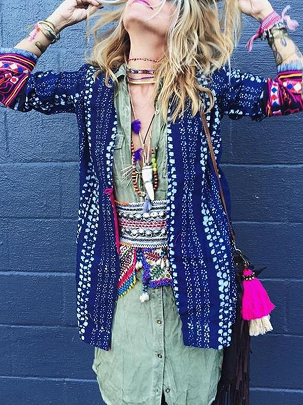 Bohemian Printed Long Slit Sleeve Midi Cardigan