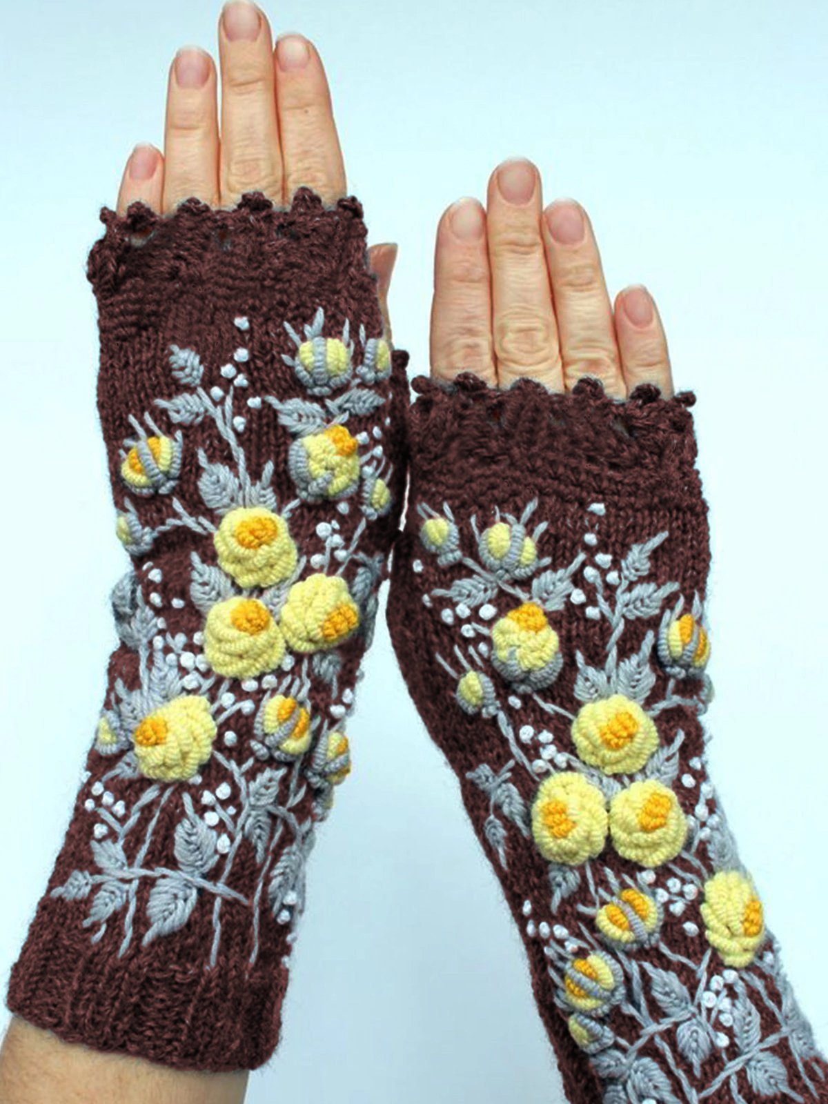 Deep Gray Casual Cotton-Blend Floral Gloves & Mittens