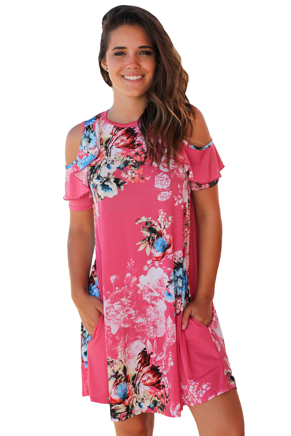 Ruffled Cold Shoulder Rosy Floral Dress