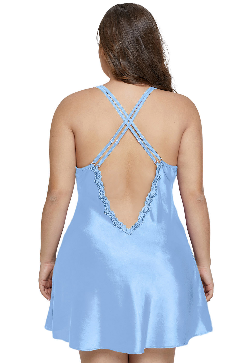 Sky Blue Plus Size Satin and Lace Chemise Set