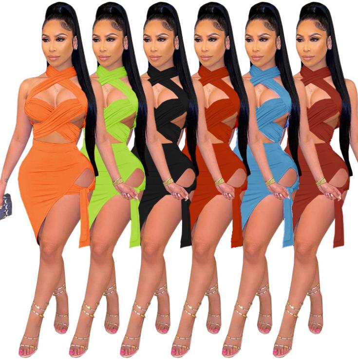 Womens wrinkled bag chest hanging neck sexy 2 piece skirt suit SZ8035