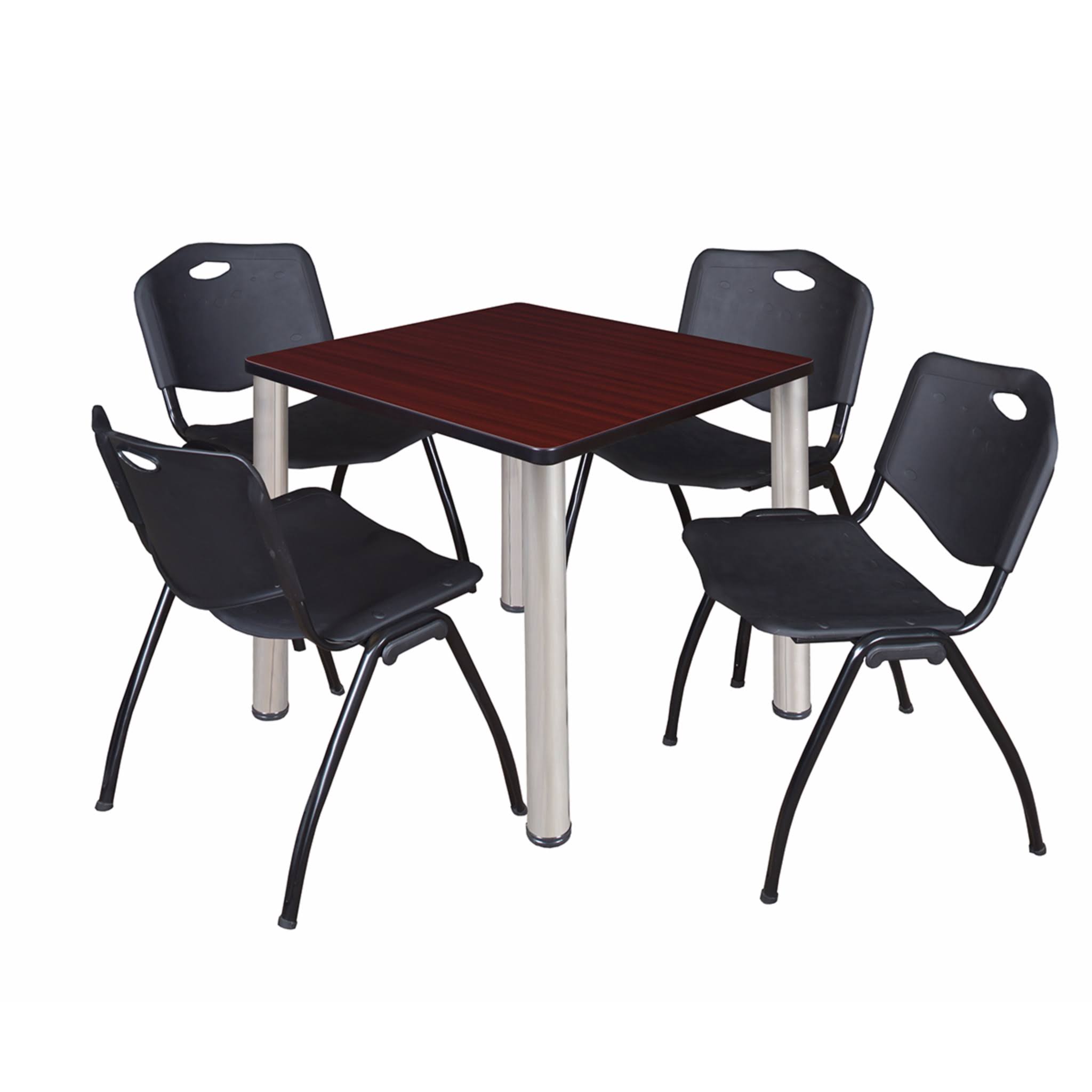 Regency Kee 30x22 Square Breakroom Table- Mahogany/ Chrome 4 &M& Stack Chairs- Blue