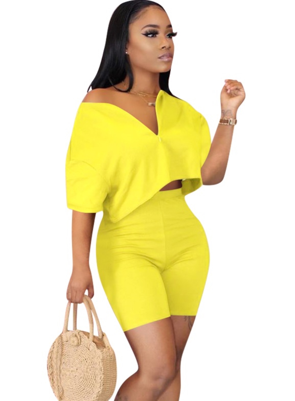 Summer Zipper Crop Top and Biker Short Set