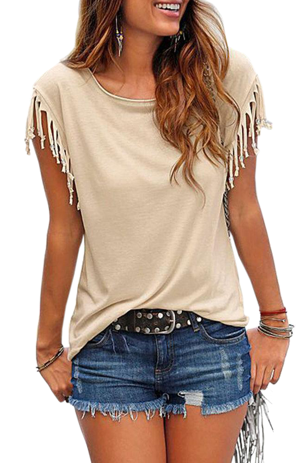 Beige Casual Tassels Short Sleeve T Shirt