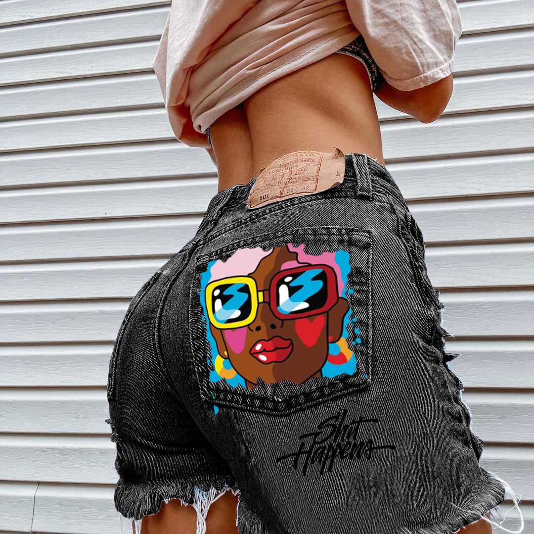 Fashion Wash Blue Jeans shorts glasses