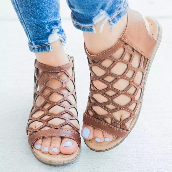 Women Zipper Strappy Open Toe Plain Hollow Flat Sandals