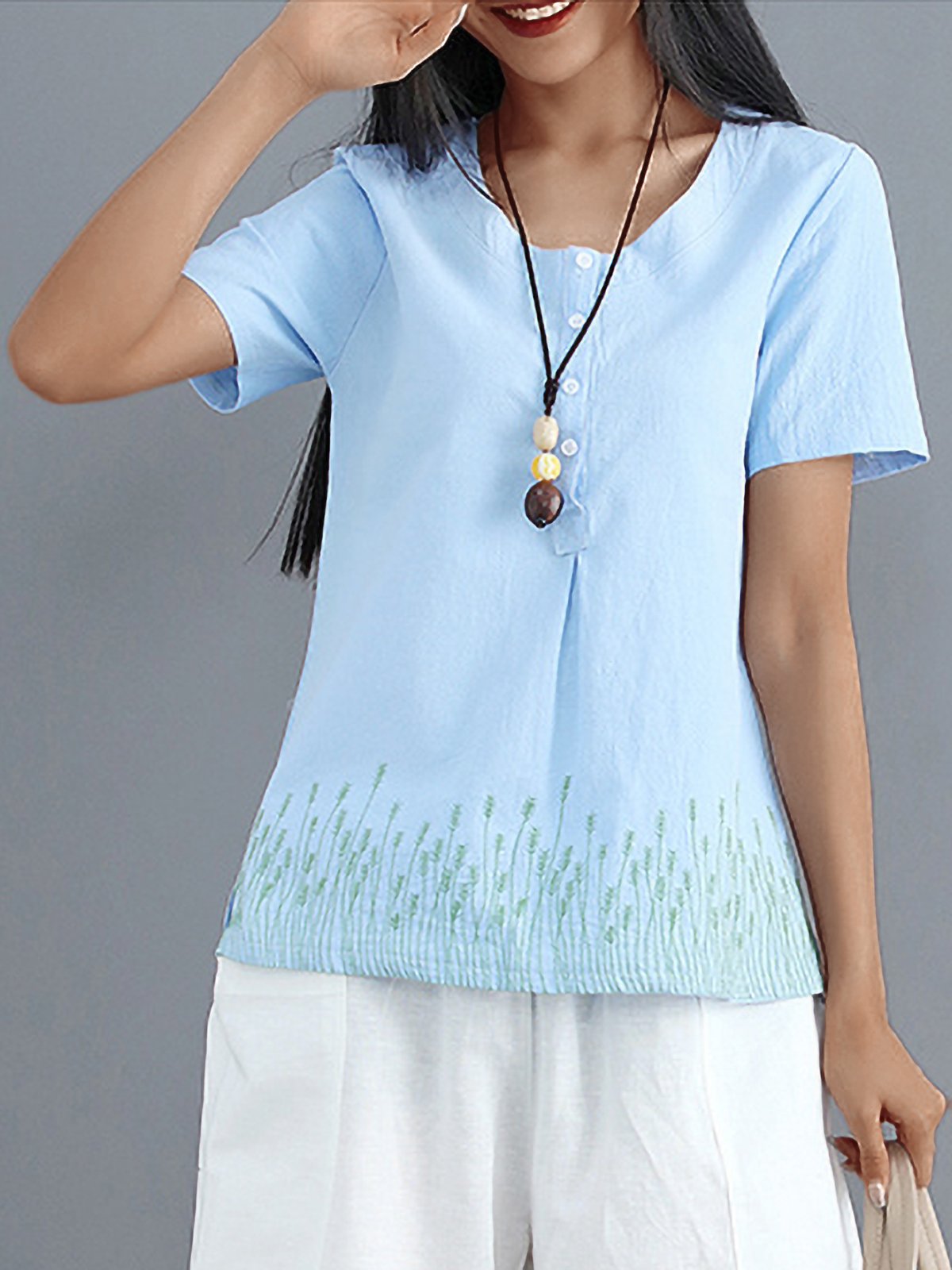 Plus Size Women Short Sleeve Round Neck Embroidered Floral Casual Tops