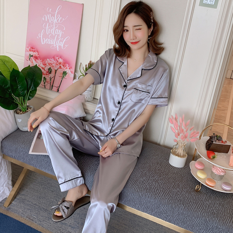 睡衣女士仿真丝夏季短袖长裤开衫少女丝绸 厂家代发 跨境亚马逊