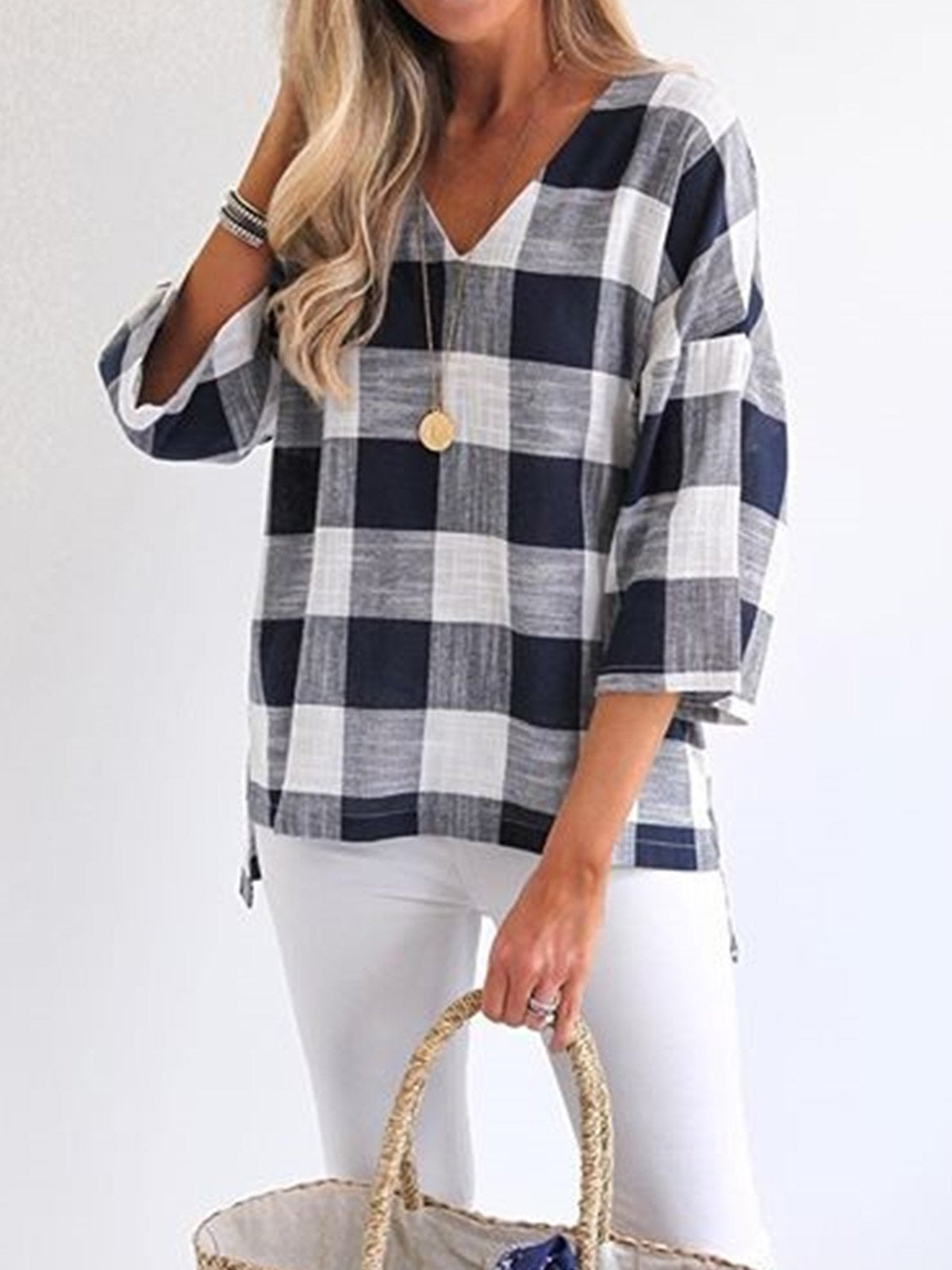 Women Casual Plaid Tops Tunic Blouse Shirt