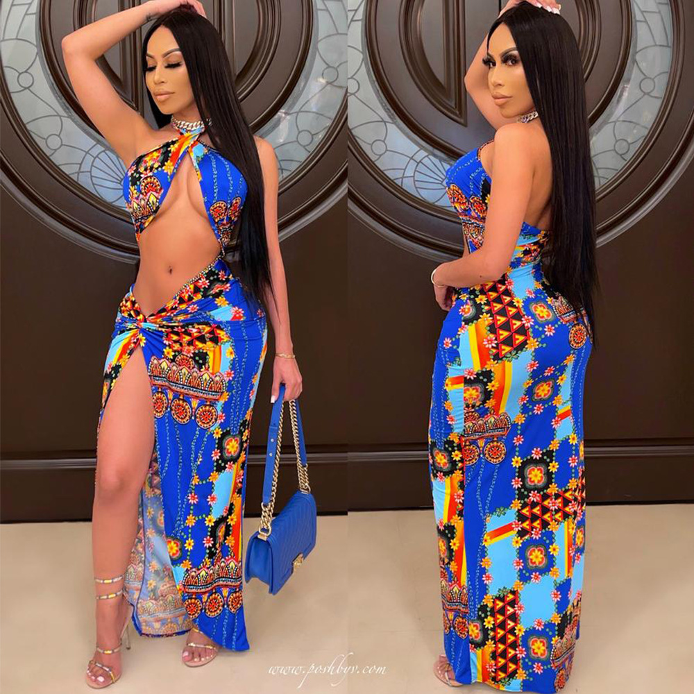 Irregular slit halterneck dress with navel sexy print long skirt DY6645
