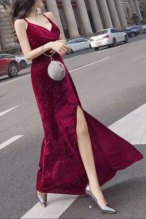 Sexy Deep V Slit Pure Colour Slim Evening Dress