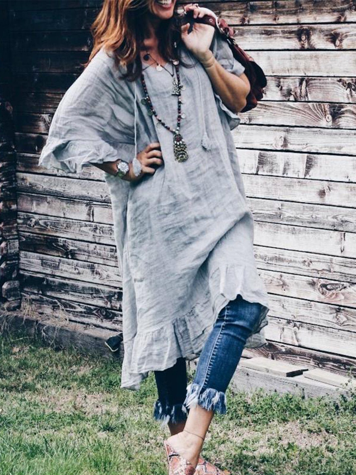 Solid Boho Long Sleeve V Neck Linen Maxi Dresses