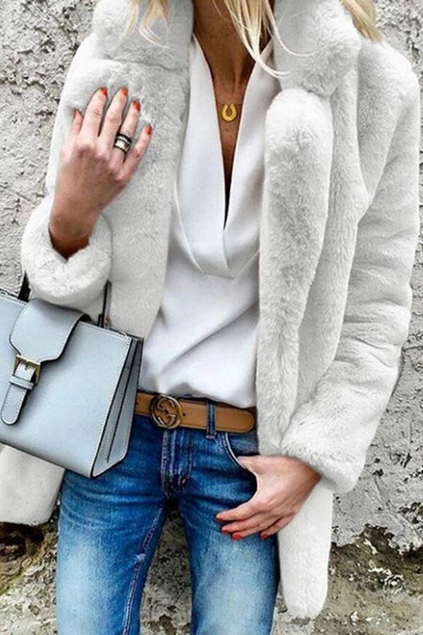 Lapel Long Sleeve Plain Fur Coat