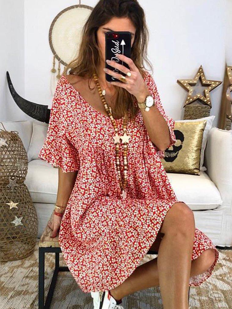 Women Floral Printed Short Sleeve Vintage Dresses