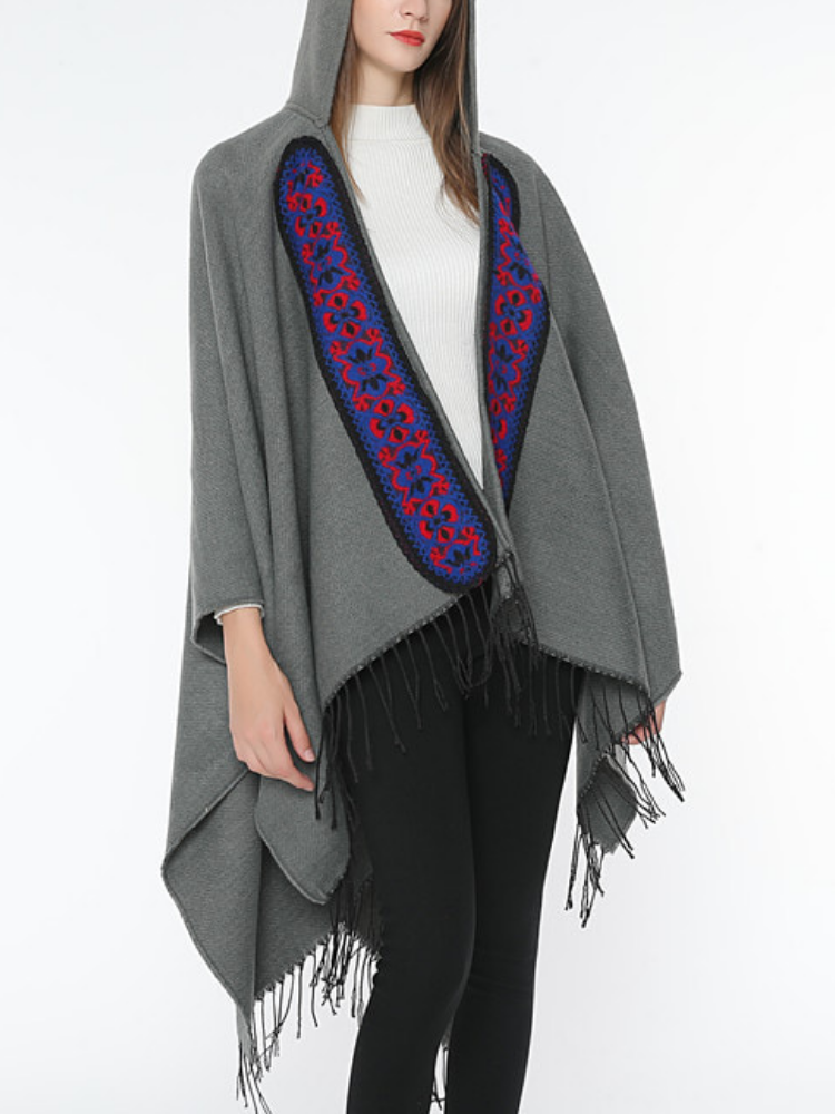 Hoodie Solid Vintage Paneled Winter Cardigans Wool Blend  Woven Cape