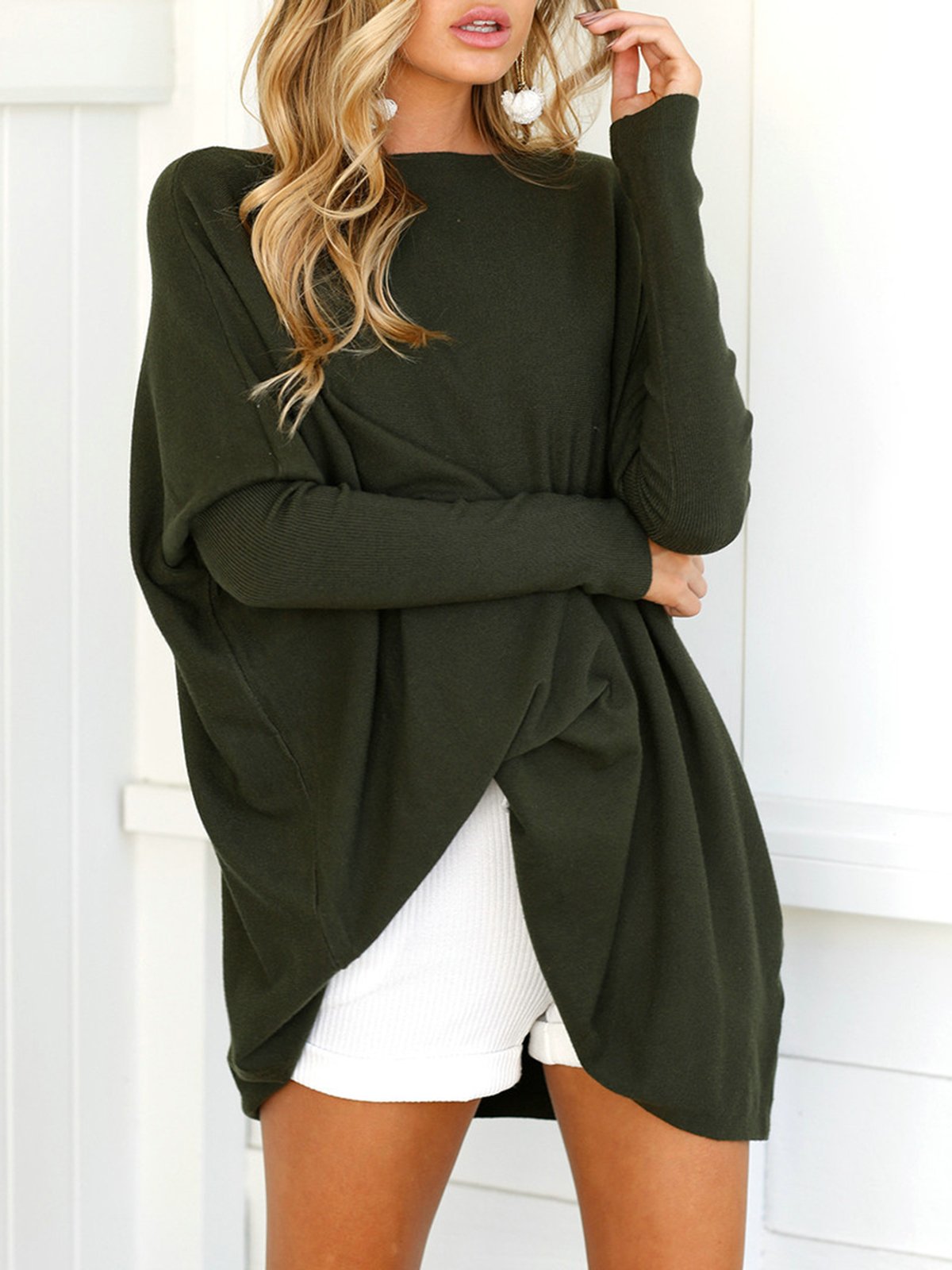 Polyester Solid Casual Crew Neck Shirt