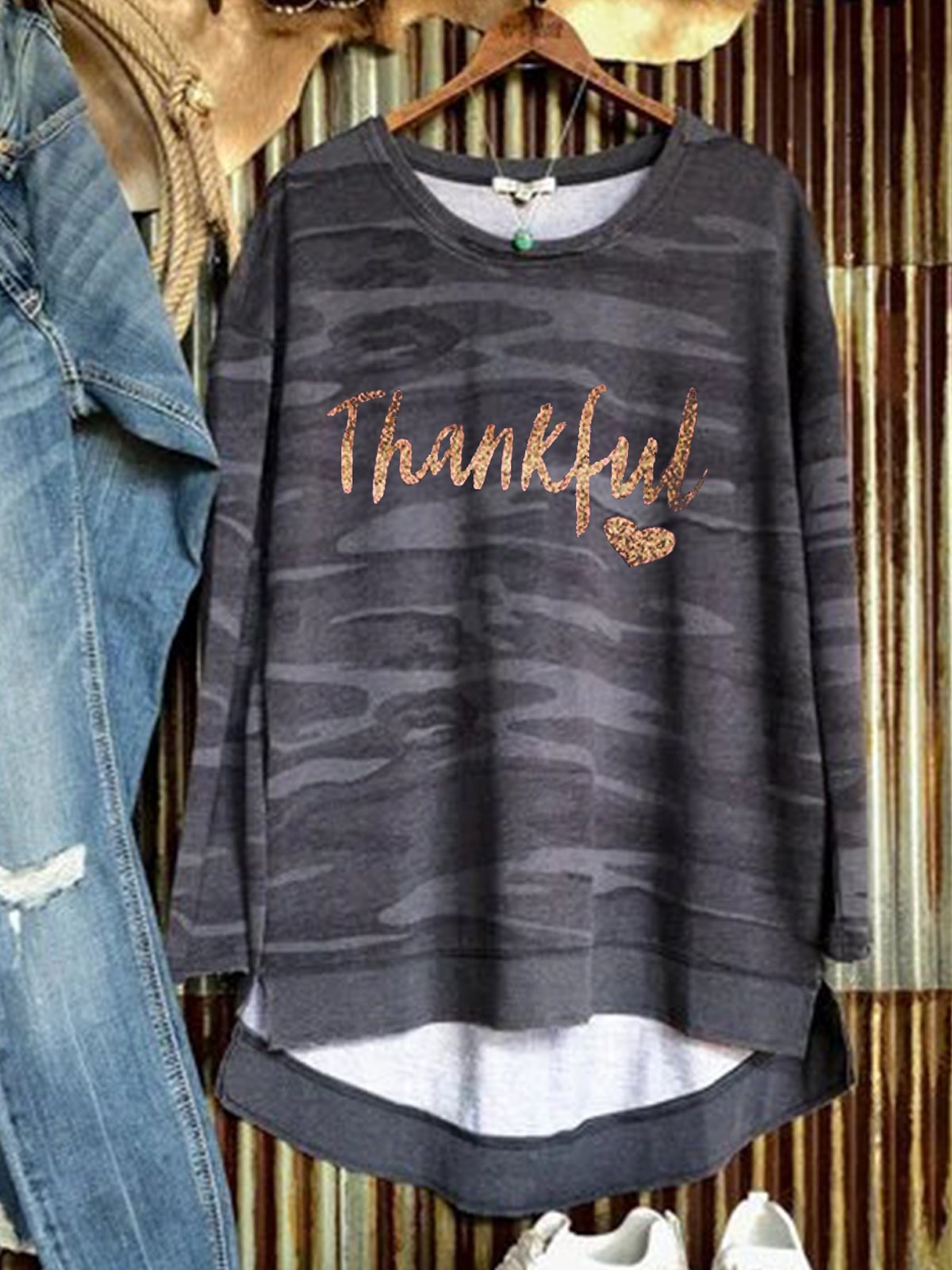 Gray Shift Cotton-Blend Long Sleeve Letter Sweater