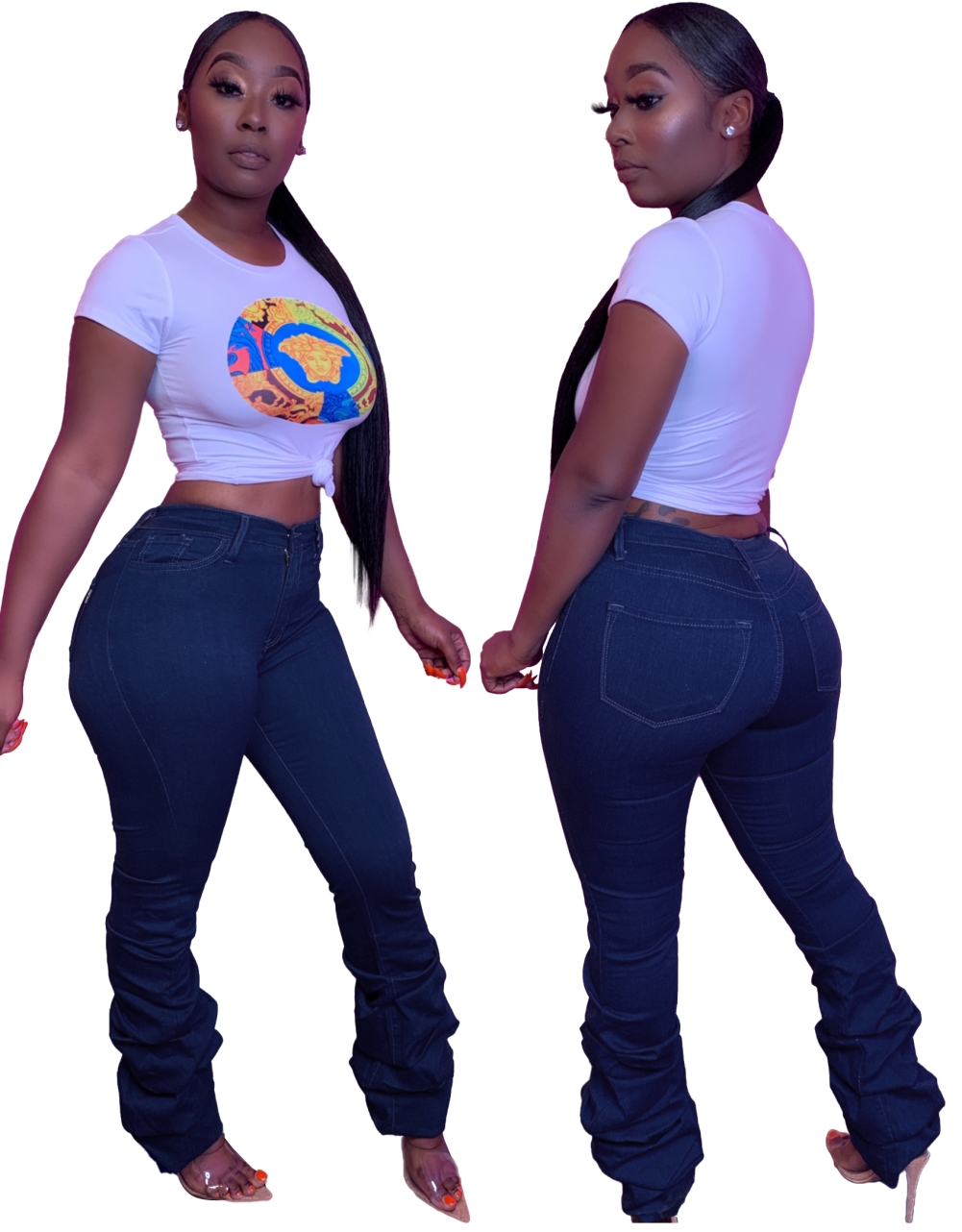 Sexy High Waist Blue Stacked Jeans