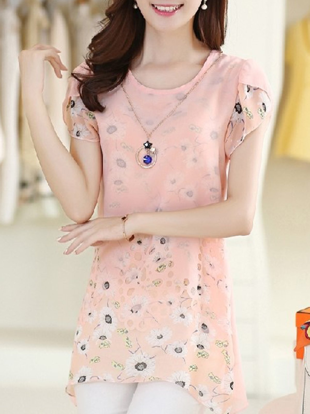 Short Sleeve Crew Neck Chiffon Printed Casual Plus Size Blouse