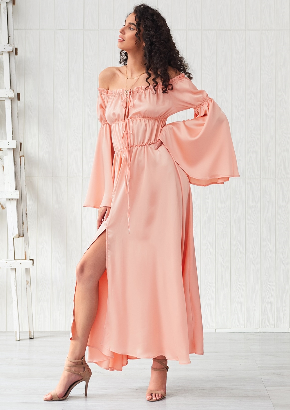 Summer Off Shoulder Slit Long Dress with Wide Sleeves