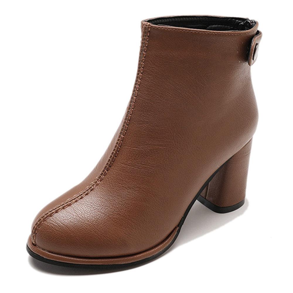 Women Winter Comfy Warm Lined Zipper Chunky High Heel Short Boots