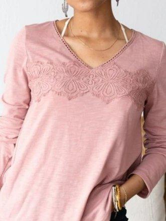 Cotton-Blend Paneled Floral Long Sleeve Shirts & Tops