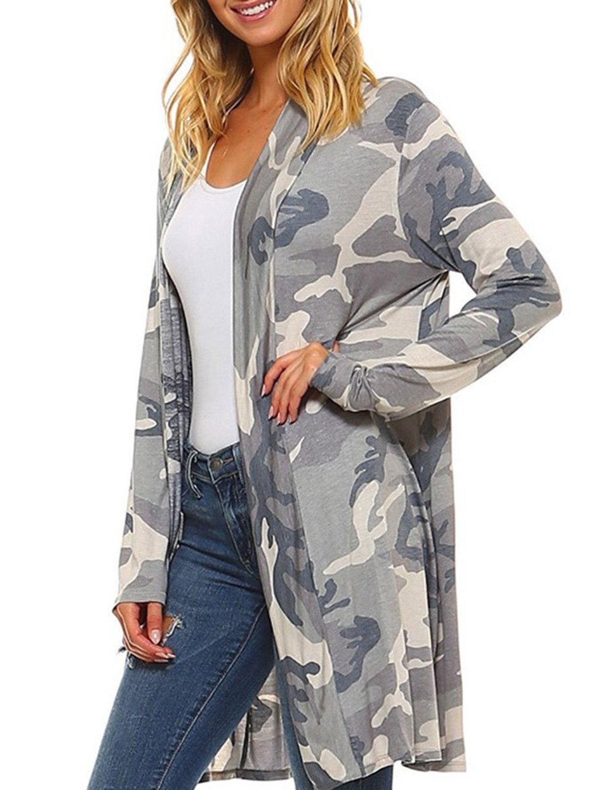 Casual Camouflage Printed Abstract Shift Cardigan