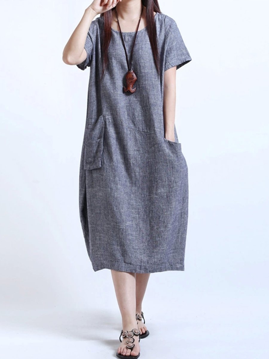 Round Neck  Patch Pocket  Plain  Cotton/Linen Maxi Plus Size Dress