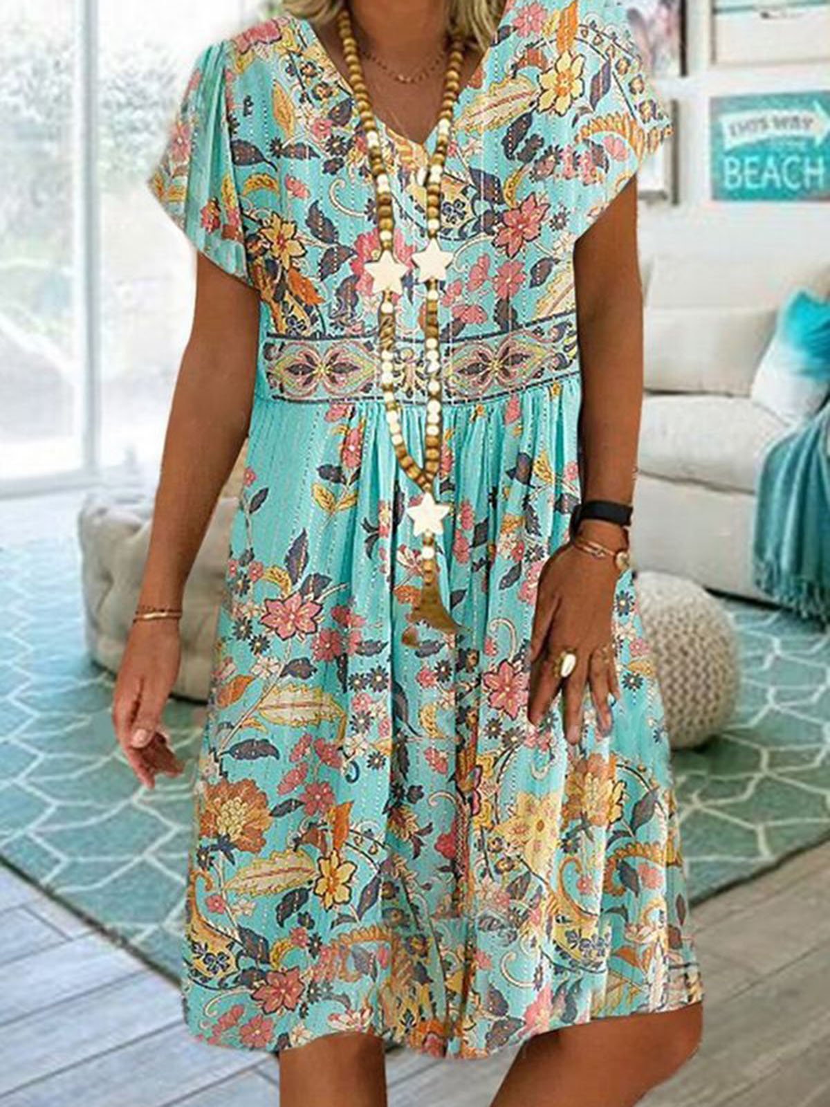 Green Short Sleeve Floral Dresses