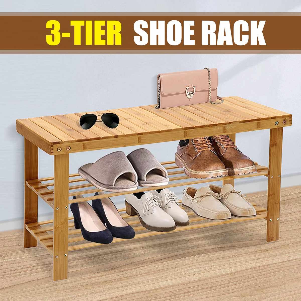 3 Tier Bamboo Entryway Bench Multi-Use Shoe Rack For Hallway Bathroom Living Room