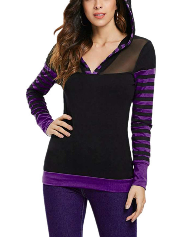 Stripes Appliqued Hoodie Basic Long Sleeve T-Shirts