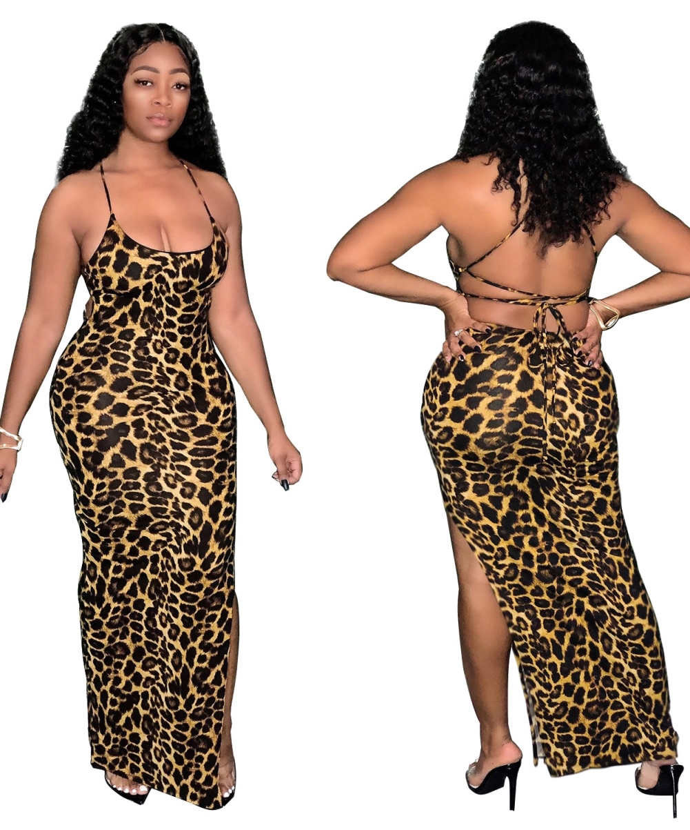 Leopard Print Slit Halter Long Party Dress