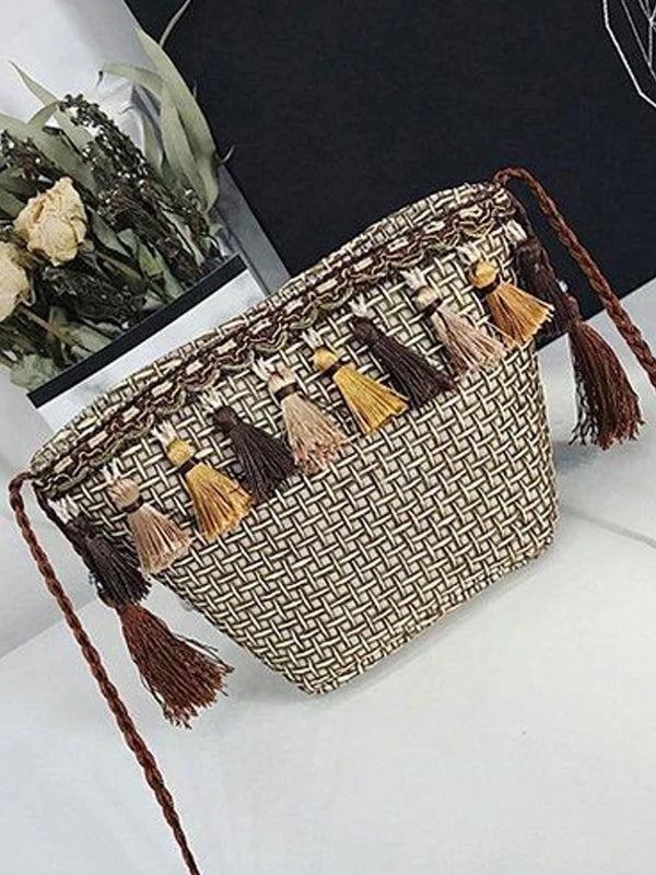 Women's Beach Tassel Zipper Woven Straw Sling Bag