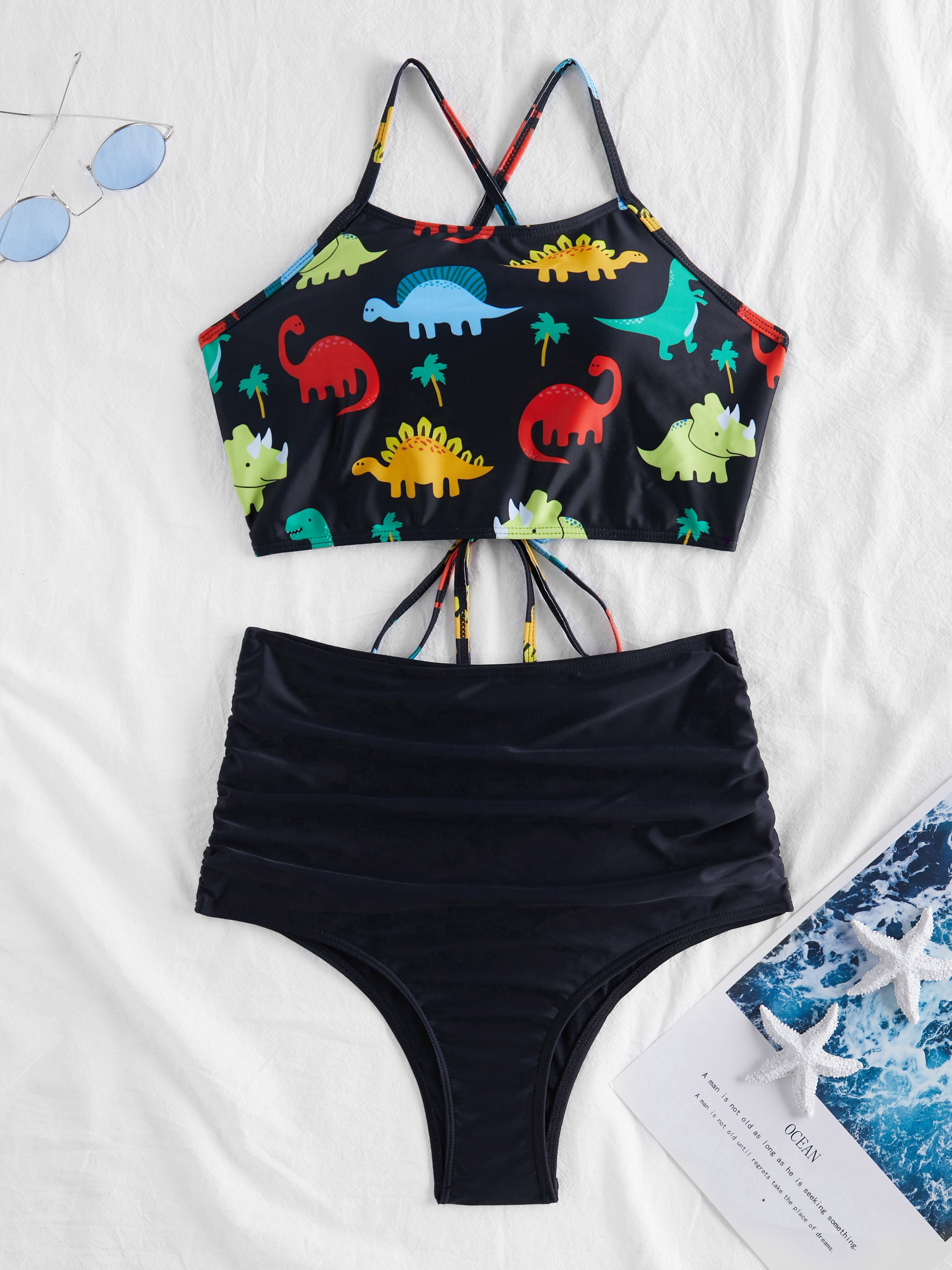 Cartoon Dinosaur Print Back Lace Up Bikini
