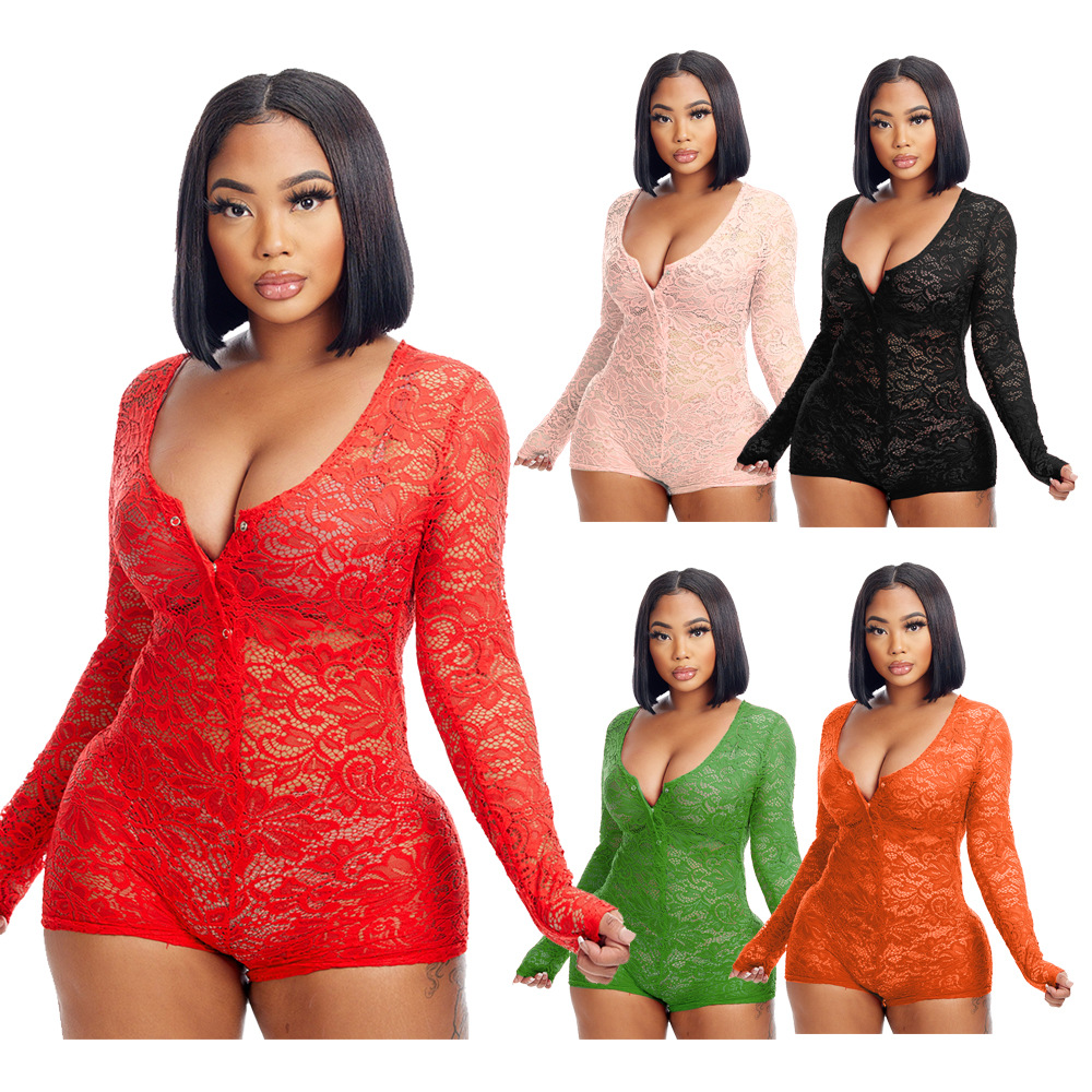 Sexy Deep V-neck Lace Hollow Long Sleeve Button One-Piece Shorts Jumpsuit Women H1637