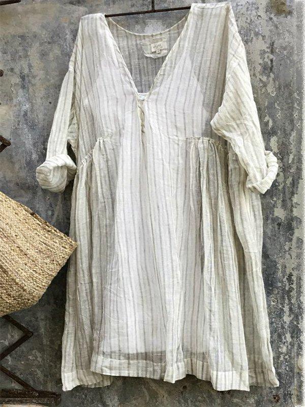 V Neck 3/4 Sleeve Striped Casual Bat Sleeve Tops