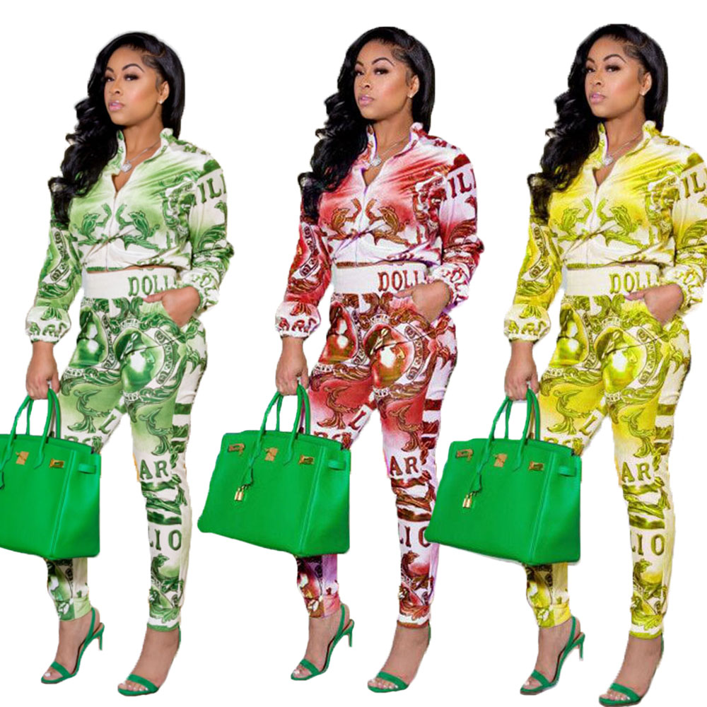 Autumn Retro Print Zipper Crop Top and High Waist Pants Set