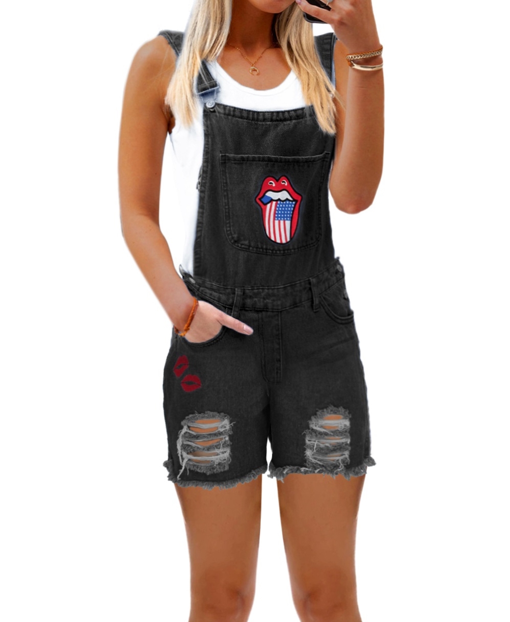 Casual Tongue Print Ripped Denim Suspender Shorts