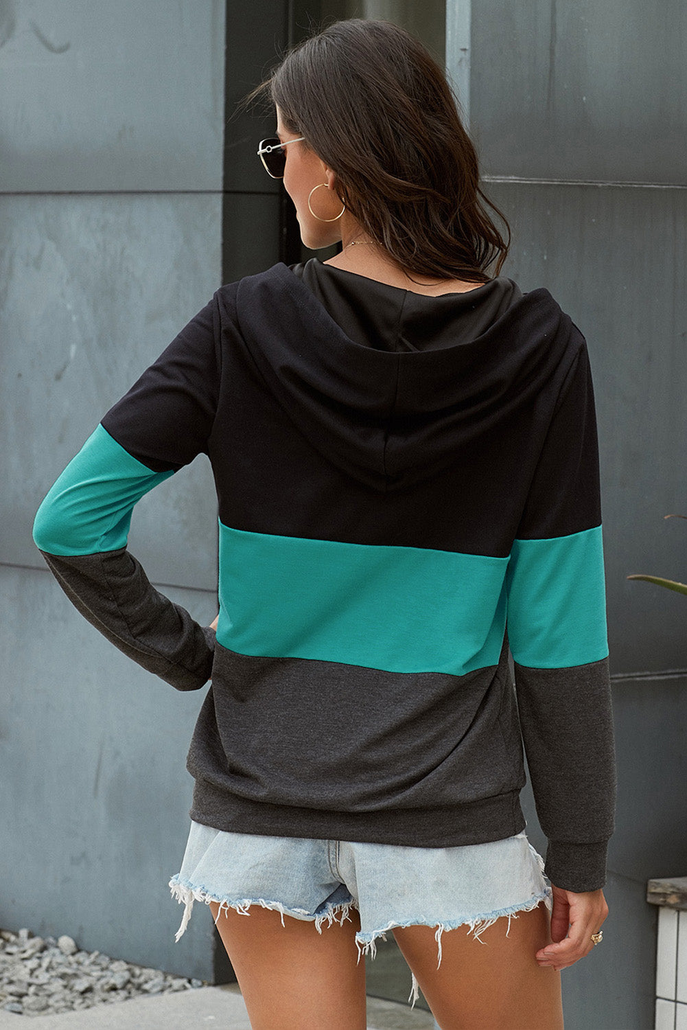 Green Color Block Zipped Neck Hoodie