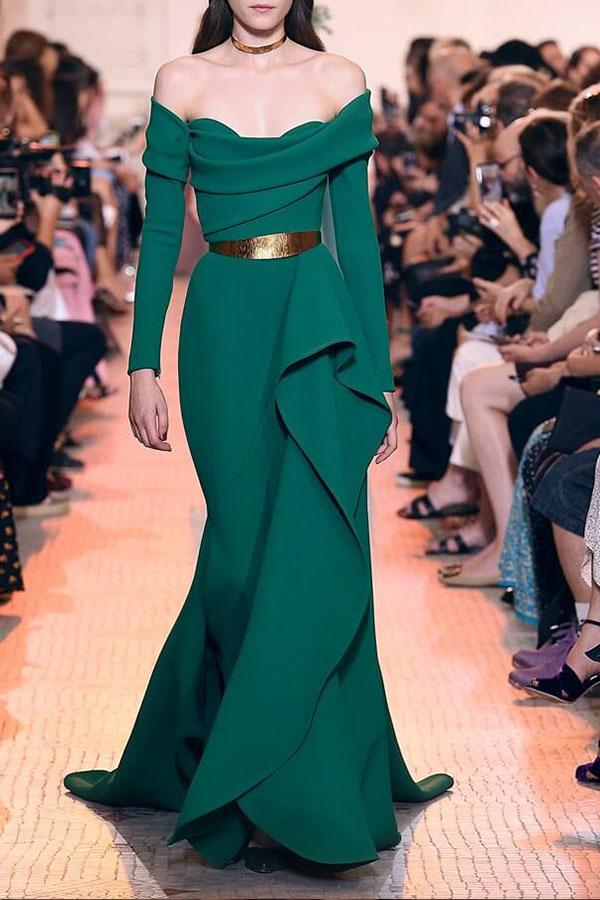 Elegant Fashion Slim Plain Off Shoulder Long Sleeve Evening Dress